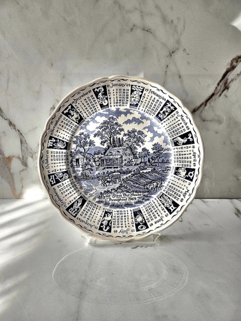 Vintage Alfred Meakin 1969 Zodiac Calendar Blue Transferware Plate